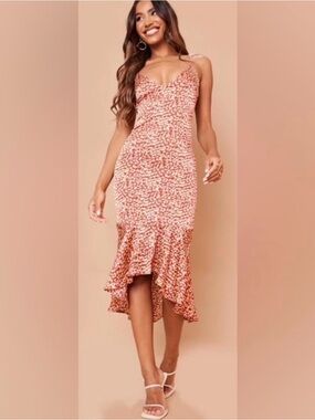 PrettyLittleThing Red Leopard Print High-Low Slip Dress
